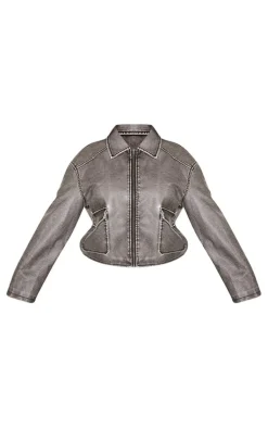 PrettyLittleThing Faux Leather Jackets*Plus Distressed Faux Leather Cropped Biker Jacket
