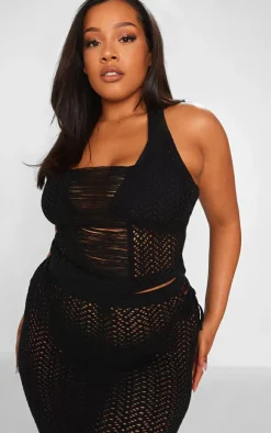 PrettyLittleThing Knitted Tops*Plus Distressed Knit Halter Neck Crop Top