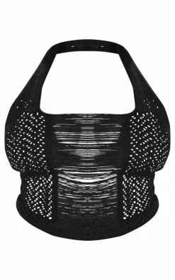 PrettyLittleThing Knitted Tops*Plus Distressed Knit Halter Neck Crop Top