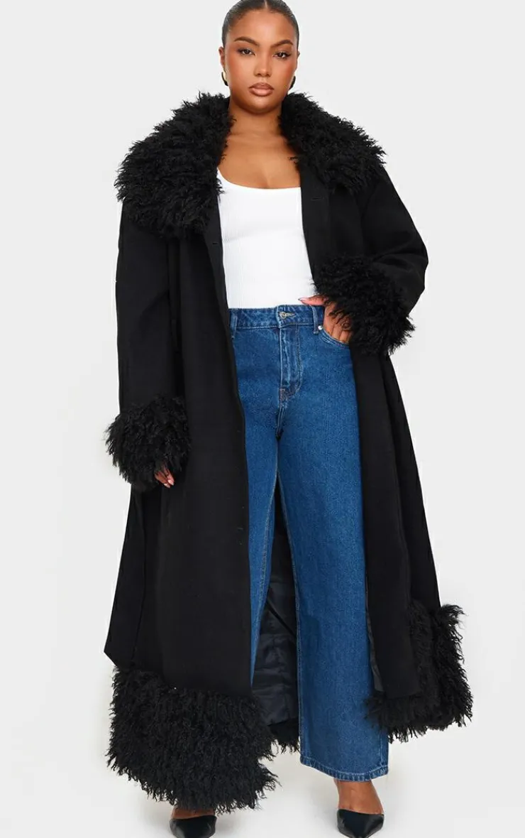 PrettyLittleThing Wool Coats*Plus Faux Fur Trim Constrast Wool Look Coat