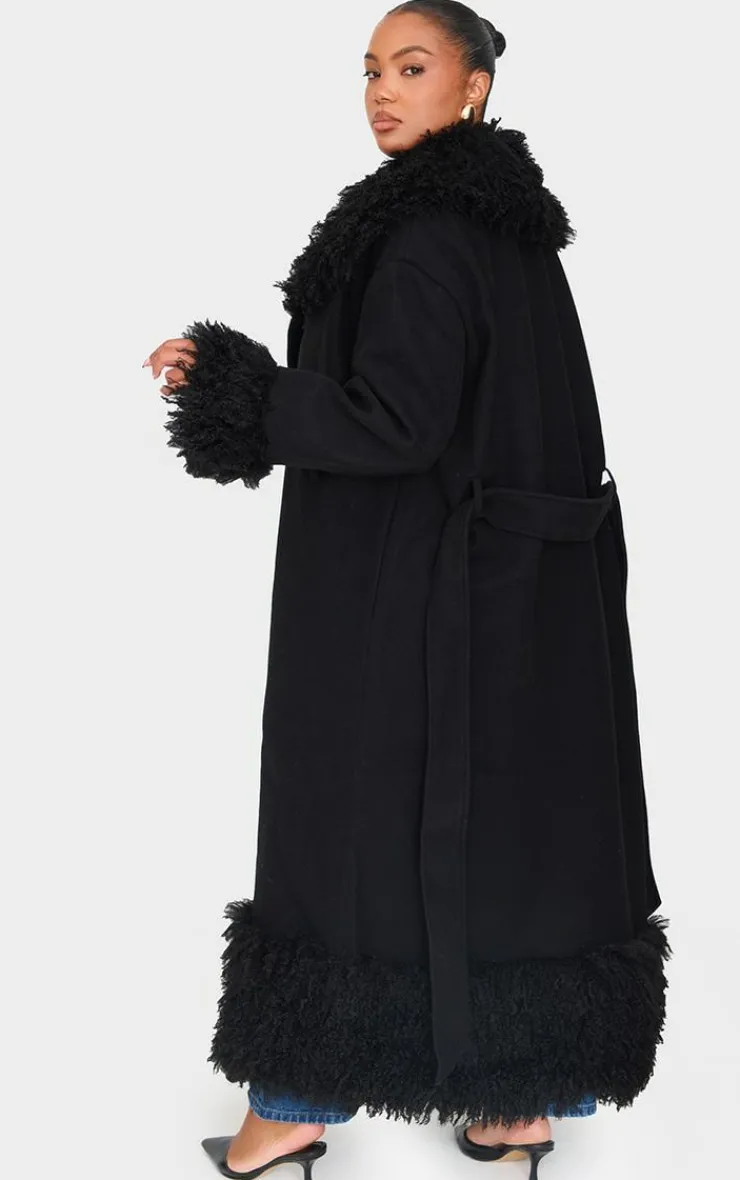 PrettyLittleThing Wool Coats*Plus Faux Fur Trim Constrast Wool Look Coat