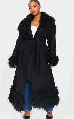 PrettyLittleThing Wool Coats*Plus Faux Fur Trim Constrast Wool Look Coat