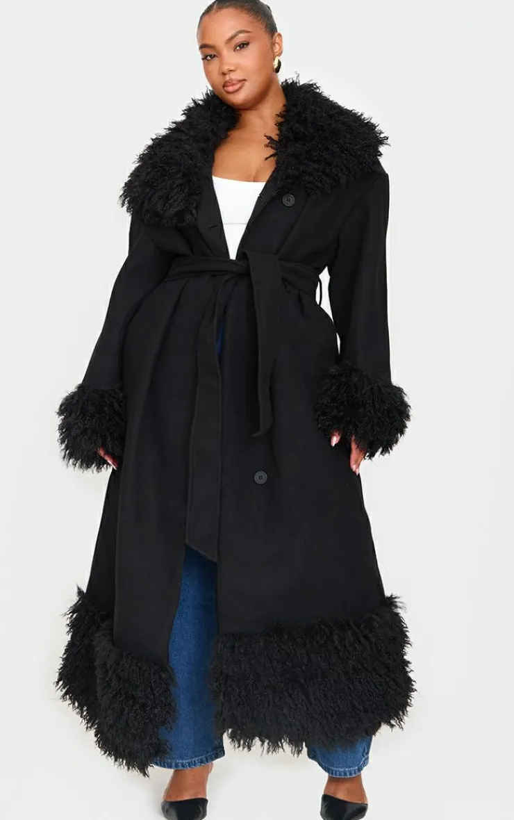 PrettyLittleThing Wool Coats*Plus Faux Fur Trim Constrast Wool Look Coat