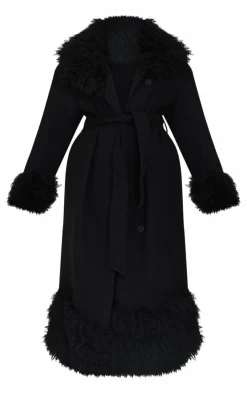 PrettyLittleThing Wool Coats*Plus Faux Fur Trim Constrast Wool Look Coat