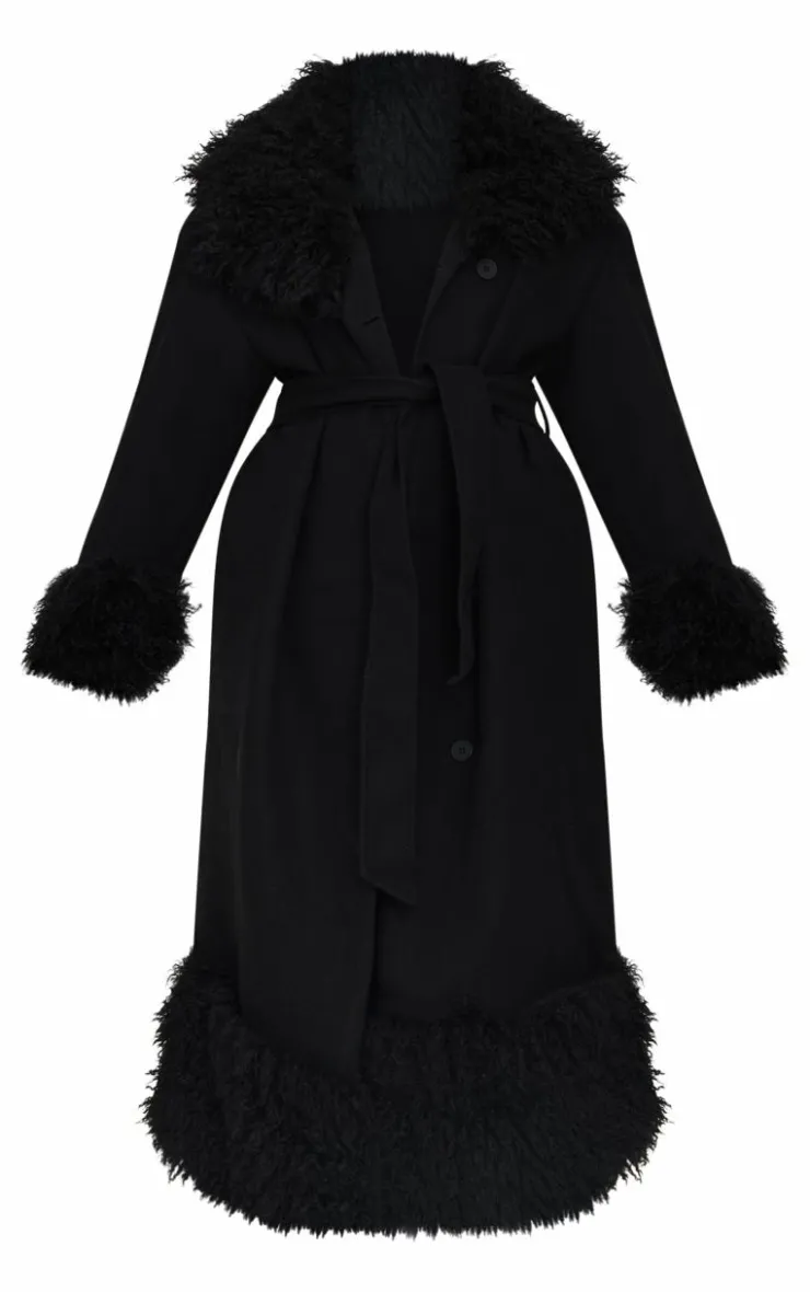PrettyLittleThing Wool Coats*Plus Faux Fur Trim Constrast Wool Look Coat