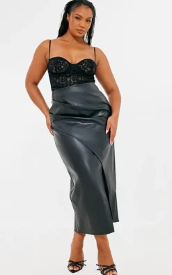 Clearance PrettyLittleThing Plus Faux Leather Asymmetric Midi Skirt Black