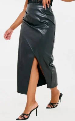 Clearance PrettyLittleThing Plus Faux Leather Asymmetric Midi Skirt Black
