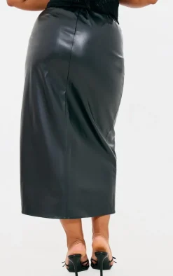 Clearance PrettyLittleThing Plus Faux Leather Asymmetric Midi Skirt Black