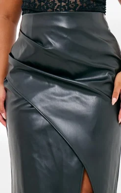 Clearance PrettyLittleThing Plus Faux Leather Asymmetric Midi Skirt Black