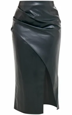 Clearance PrettyLittleThing Plus Faux Leather Asymmetric Midi Skirt Black
