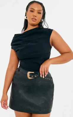 Plus Black Faux Leather Belted Stud Detail Mini Skirt