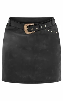 Plus Black Faux Leather Belted Stud Detail Mini Skirt