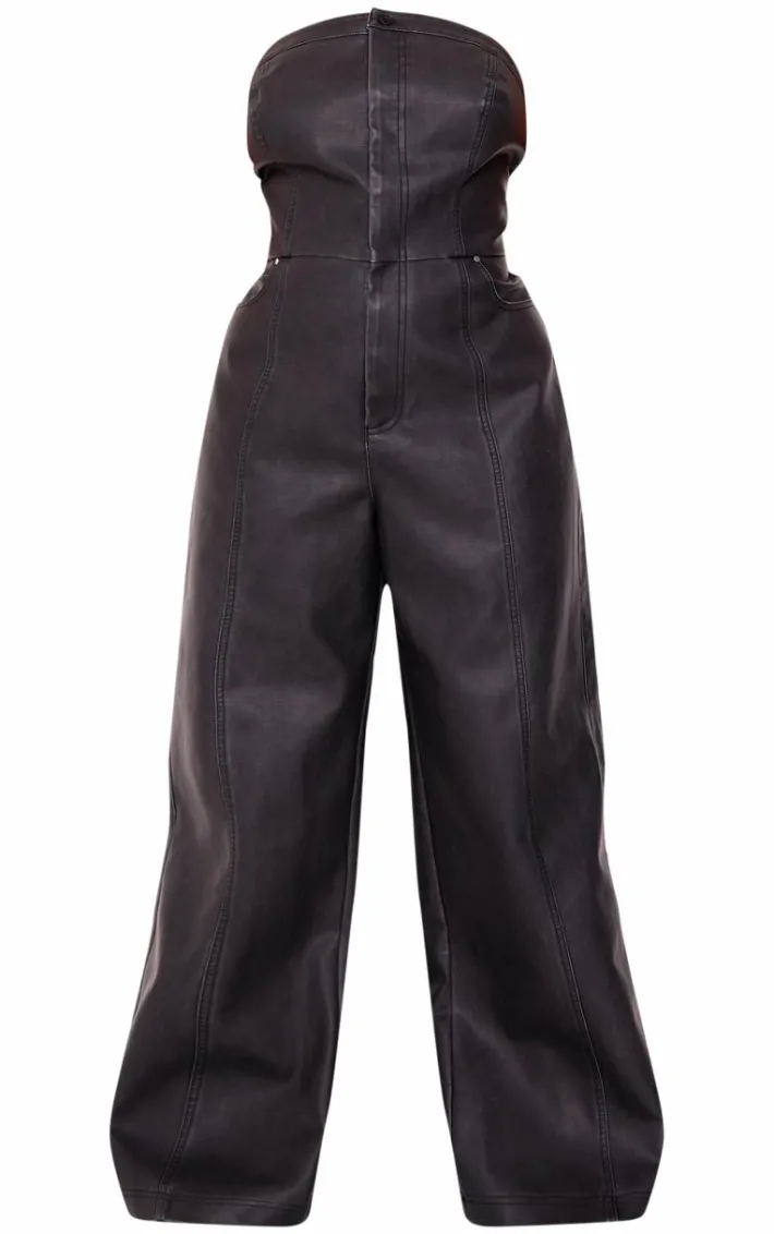 Plus Black Faux Leather Bandeau Lace Back Straight Leg Jumpsuit