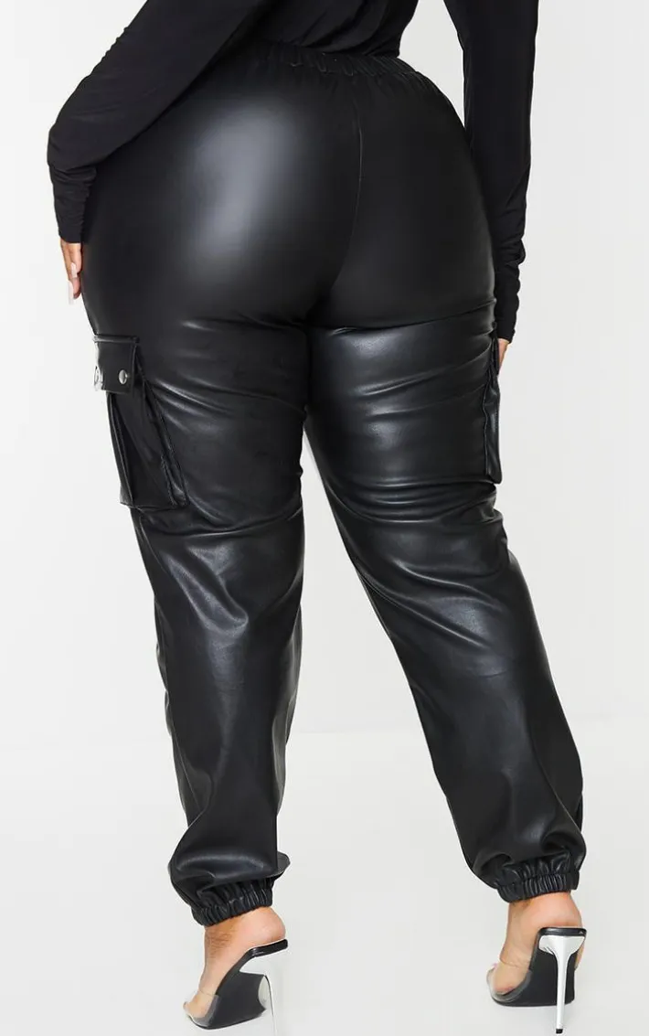 Plus Black Faux Leather Cargo Pants