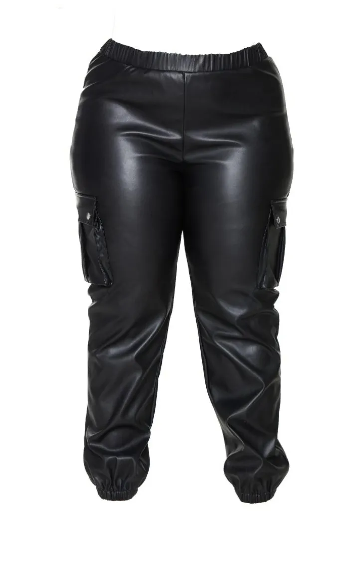 Plus Black Faux Leather Cargo Pants