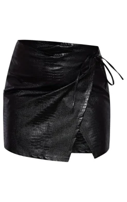 Plus Black Faux Leather Croc Embossed Tie Detail Wrap Micro Mini Skirt