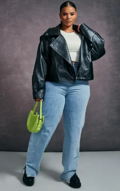 PrettyLittleThing Faux Leather Jackets*Plus Faux Leather Contrast Quilted Lining Oversized Biker Jacket