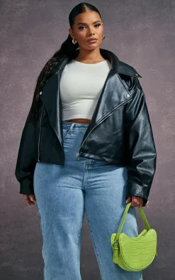 PrettyLittleThing Faux Leather Jackets*Plus Faux Leather Contrast Quilted Lining Oversized Biker Jacket