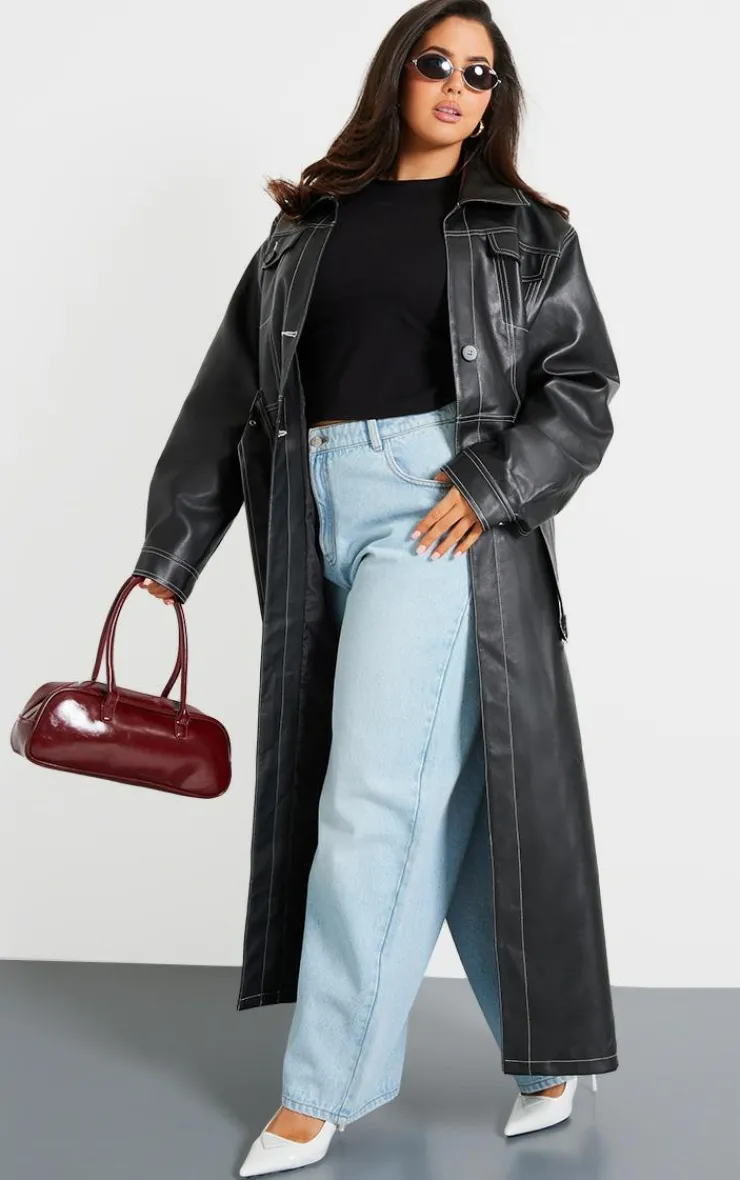 PrettyLittleThing Trench Coats*Plus Faux Leather Contrast Stitch Split Hem Trench Coat