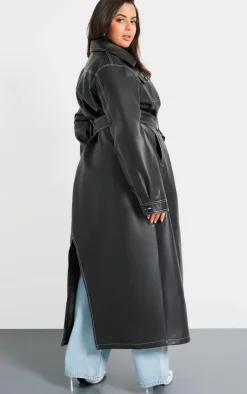 PrettyLittleThing Trench Coats*Plus Faux Leather Contrast Stitch Split Hem Trench Coat