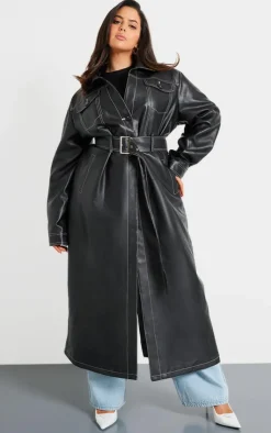 PrettyLittleThing Trench Coats*Plus Faux Leather Contrast Stitch Split Hem Trench Coat