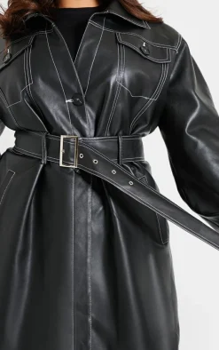 PrettyLittleThing Trench Coats*Plus Faux Leather Contrast Stitch Split Hem Trench Coat