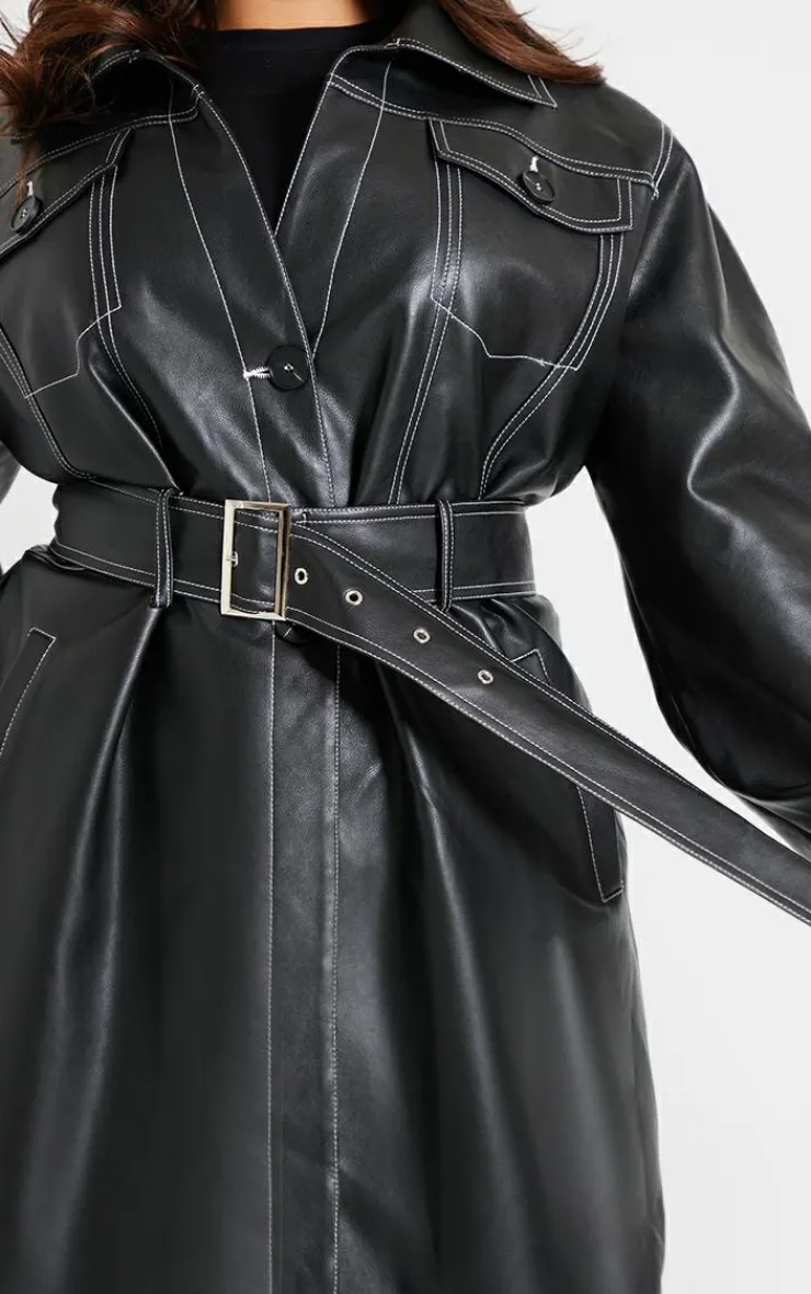 PrettyLittleThing Trench Coats*Plus Faux Leather Contrast Stitch Split Hem Trench Coat