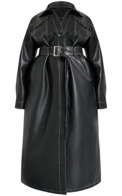 PrettyLittleThing Trench Coats*Plus Faux Leather Contrast Stitch Split Hem Trench Coat
