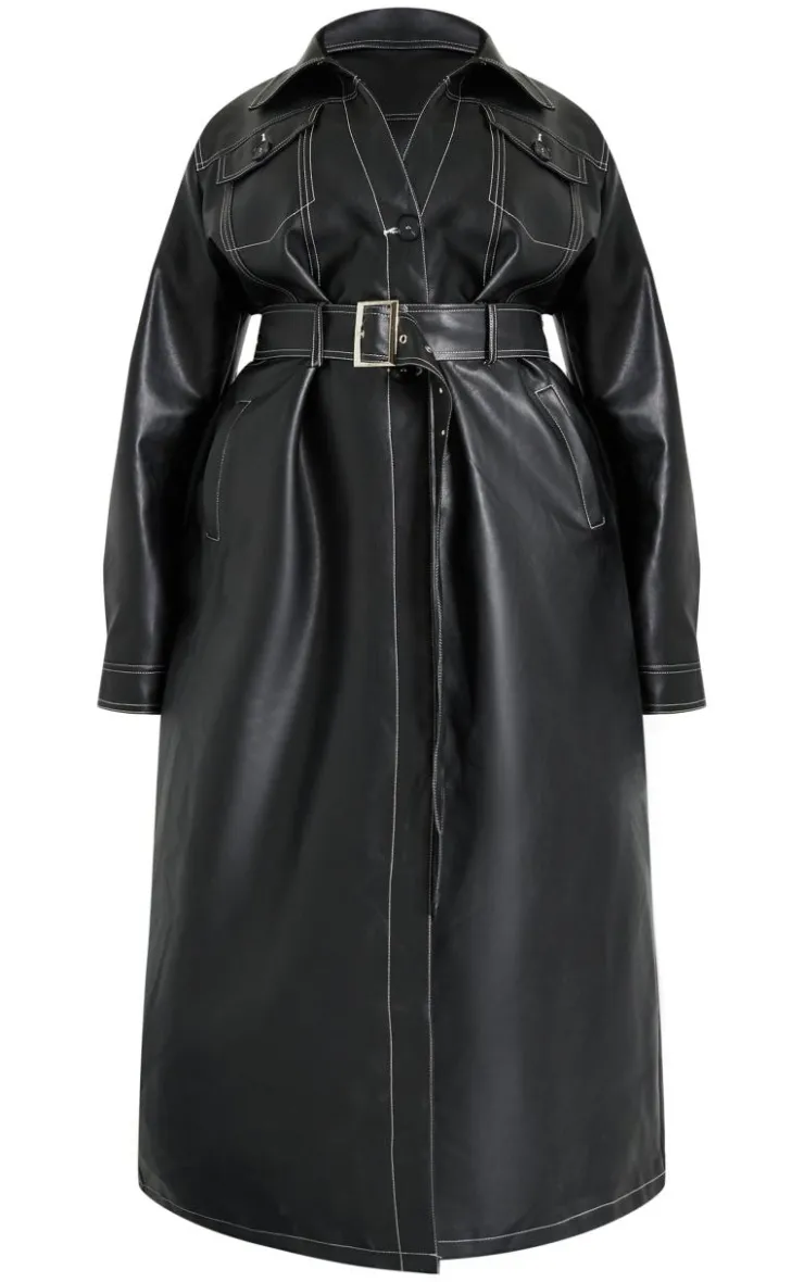 PrettyLittleThing Trench Coats*Plus Faux Leather Contrast Stitch Split Hem Trench Coat