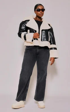 PrettyLittleThing Faux Leather Jackets*Plus Faux Leather Faux Fur Trim Coat