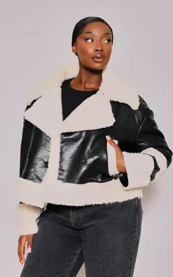 PrettyLittleThing Faux Leather Jackets*Plus Faux Leather Faux Fur Trim Coat