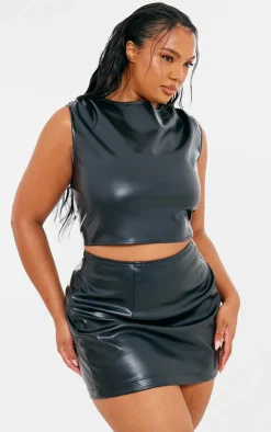 Sale PrettyLittleThing Plus Faux Leather Ruched Shoulder Detail Crop Top Black
