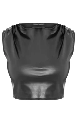 Sale PrettyLittleThing Plus Faux Leather Ruched Shoulder Detail Crop Top Black