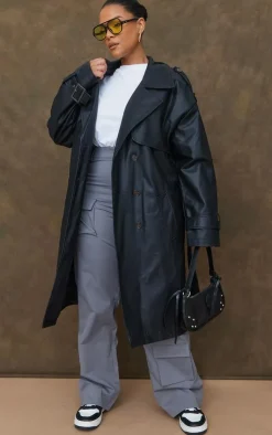 PrettyLittleThing Trench Coats*Plus Faux Leather Statement Buckle Trench Coat