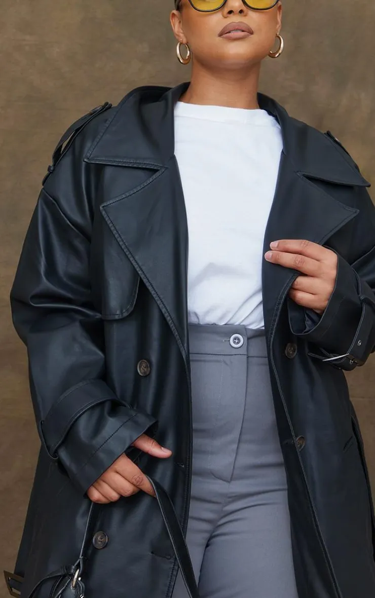 PrettyLittleThing Trench Coats*Plus Faux Leather Statement Buckle Trench Coat