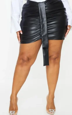 Plus Faux Leather V Front Ruched Mini Skirt-PrettyLittleThing Hot