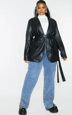 PrettyLittleThing Faux Leather Jackets*Plus Faux Leather Wrap Belted Blazer