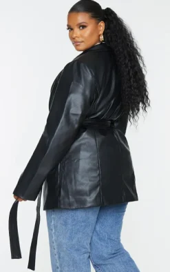 PrettyLittleThing Faux Leather Jackets*Plus Faux Leather Wrap Belted Blazer