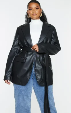 PrettyLittleThing Faux Leather Jackets*Plus Faux Leather Wrap Belted Blazer