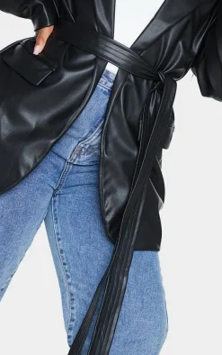 PrettyLittleThing Faux Leather Jackets*Plus Faux Leather Wrap Belted Blazer