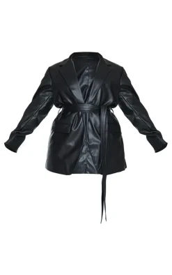 PrettyLittleThing Faux Leather Jackets*Plus Faux Leather Wrap Belted Blazer