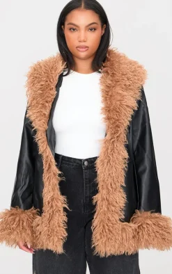 PrettyLittleThing Faux Leather Jackets*Plus Faux Mongolian Fur Trim Faux Leather Jacket