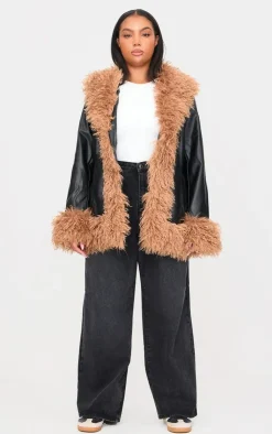 PrettyLittleThing Faux Leather Jackets*Plus Faux Mongolian Fur Trim Faux Leather Jacket