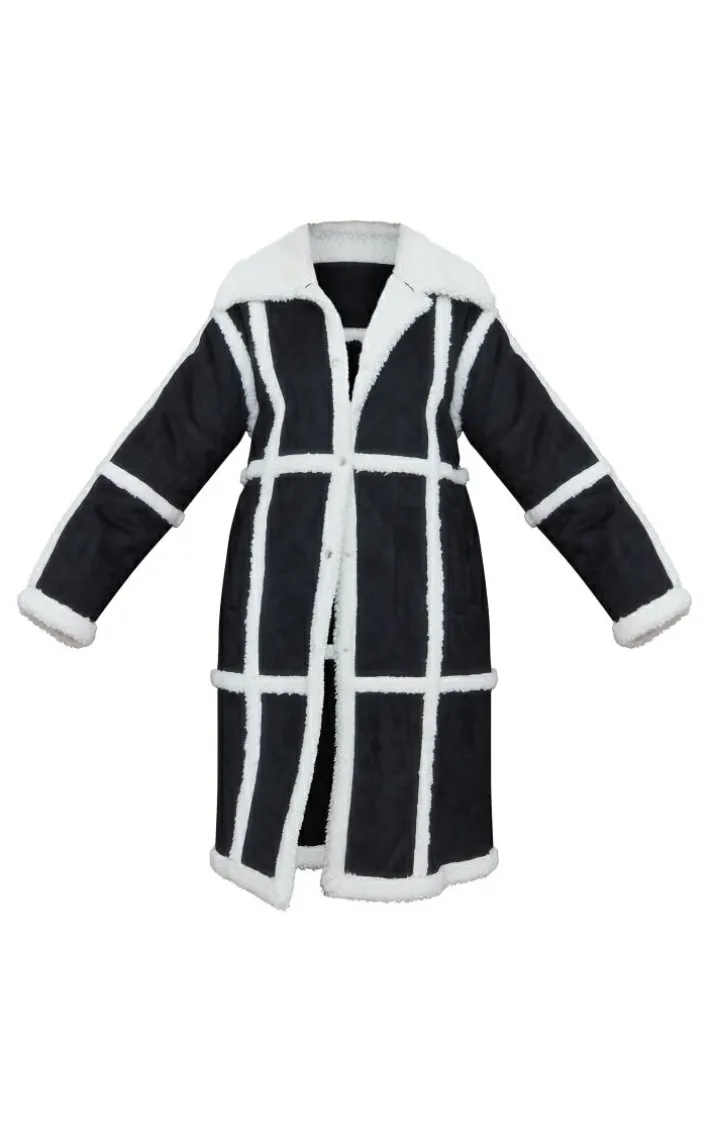 Plus Black Faux Suede Square Borg Panelled Coat