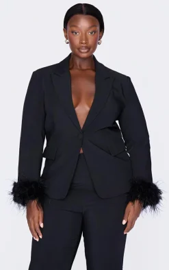Outlet PrettyLittleThing Plus Feather Trim Blazer Black