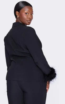 Outlet PrettyLittleThing Plus Feather Trim Blazer Black