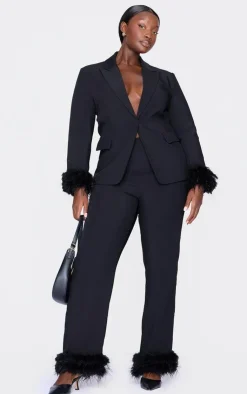 Outlet PrettyLittleThing Plus Feather Trim Blazer Black