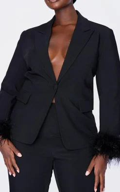 Outlet PrettyLittleThing Plus Feather Trim Blazer Black
