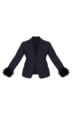 Outlet PrettyLittleThing Plus Feather Trim Blazer Black