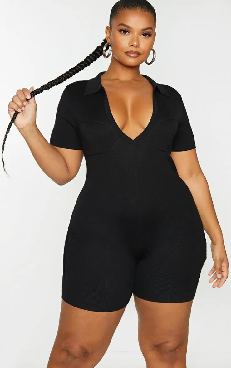 PrettyLittleThing Unitards*Plus Fine Knit Bust Detail Collared Seamless Unitard